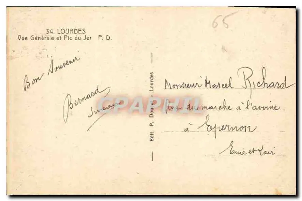 Lourdes — Vista Geral e Pic du Jer — P. Doucet, n°34 - Verso