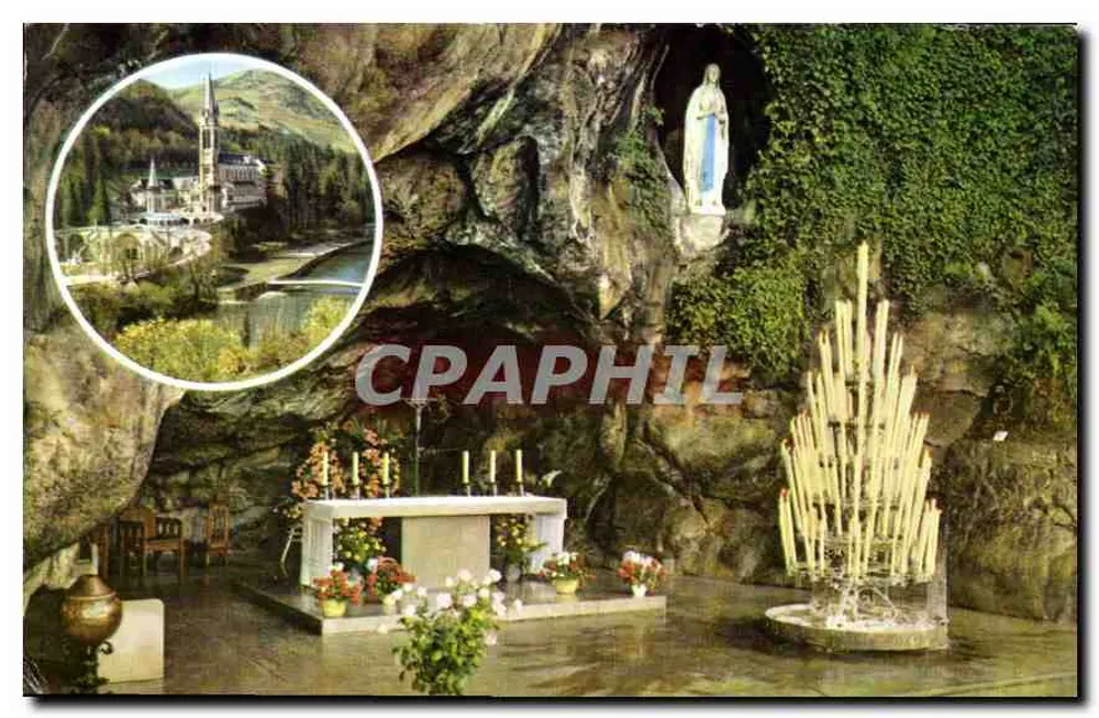 Gruta Milagrosa de Lourdes — visão interna com altar e estátua da Virgem — edição A. Doucet - Frente