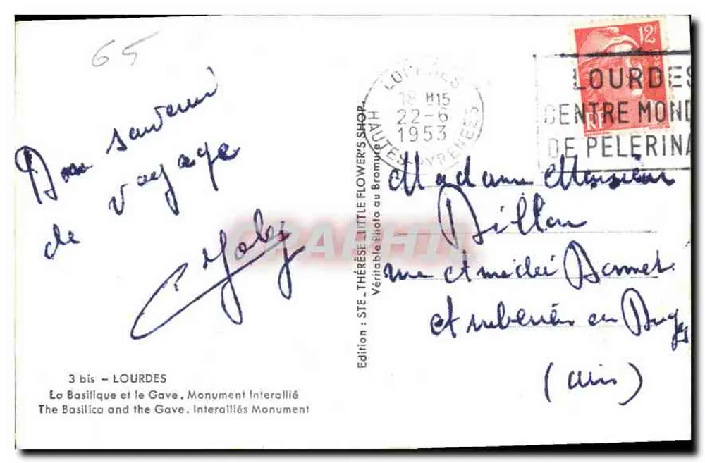 Lourdes — Basilika und der Gave, Verbündeten-Monument — Ausgabe STE THÉRÈSE LITTLE FLOWER'S SHOP - Rückseite