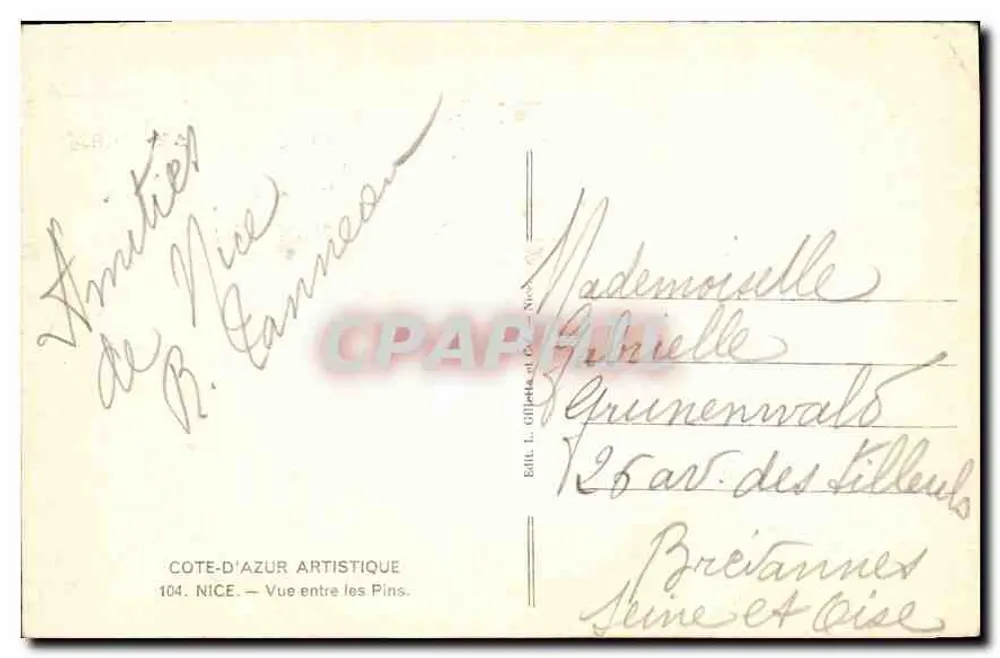 Nice — Ansicht zwischen den Kiefern — Éd. L. Cipetta & Cie, n° 104 - Rückseite