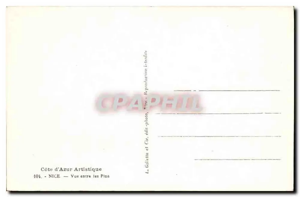 Nice — Ansicht zwischen den Kiefern — L. Gilletta et Cie, Verlag-Fotograf, Nice - Rückseite