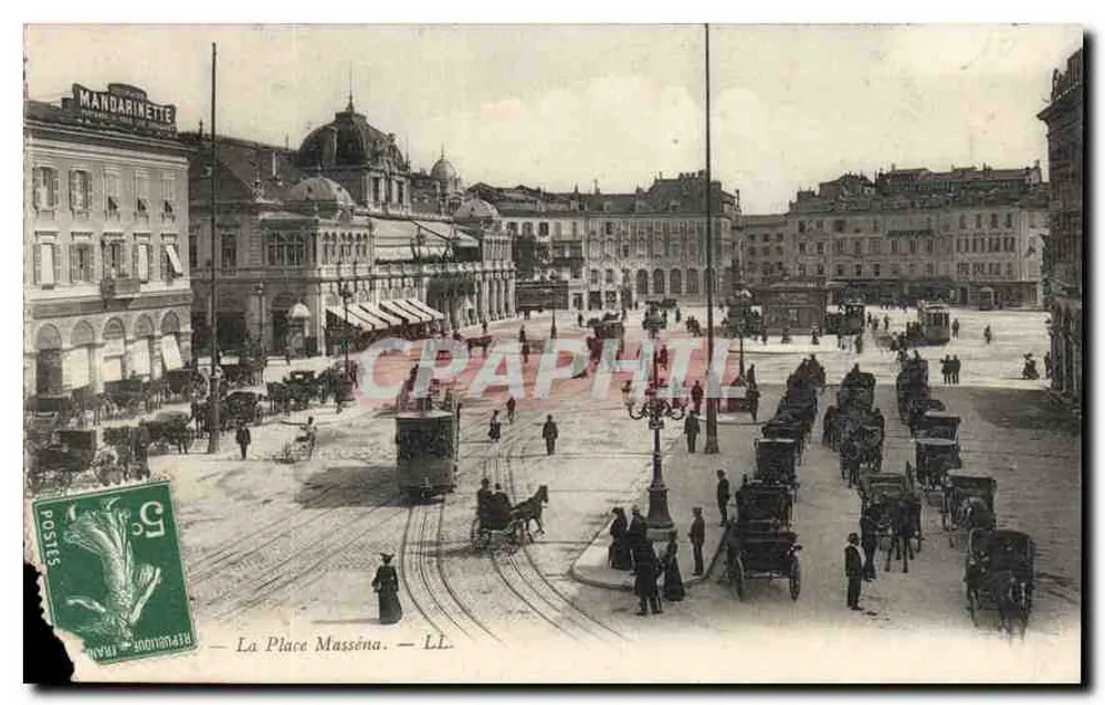 La Place Masséna — lively view with trams and cars — LL - Front