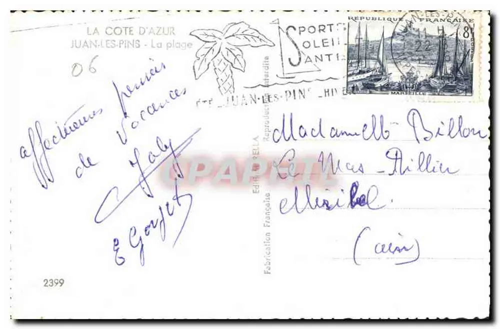 Die Côte d'Azur — Juan-les-Pins — Strand — Verlag Rella, Nr. 2399 - Rückseite