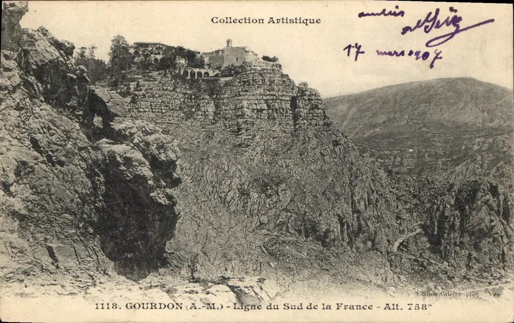 Gourdon (A.M.) — Ansicht des am Felsen gelegenen Dorfes — Gilelta-Ausgabe, Nr. 1118 - Vorderseite
