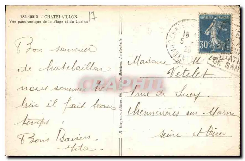 Châtelaillyon — Panoramablick auf den Strand und das Casino — R. Bergégin, Verleger - Rückseite