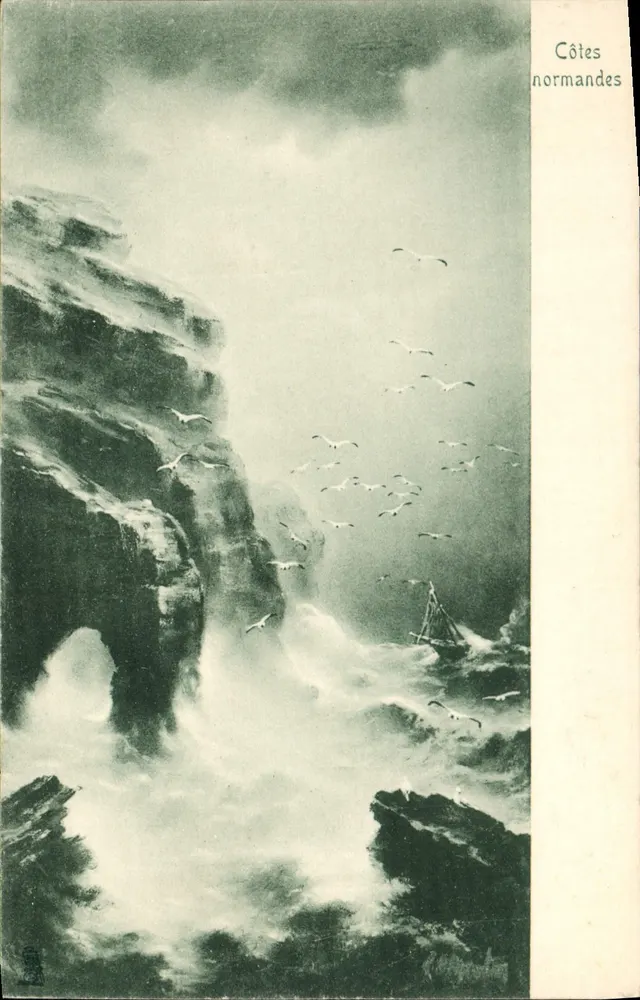 Costas normandas — paisagem marítima com falésias e gaivotas — editor Raphael Tuck & Fils Ltd., série 408 - Frente