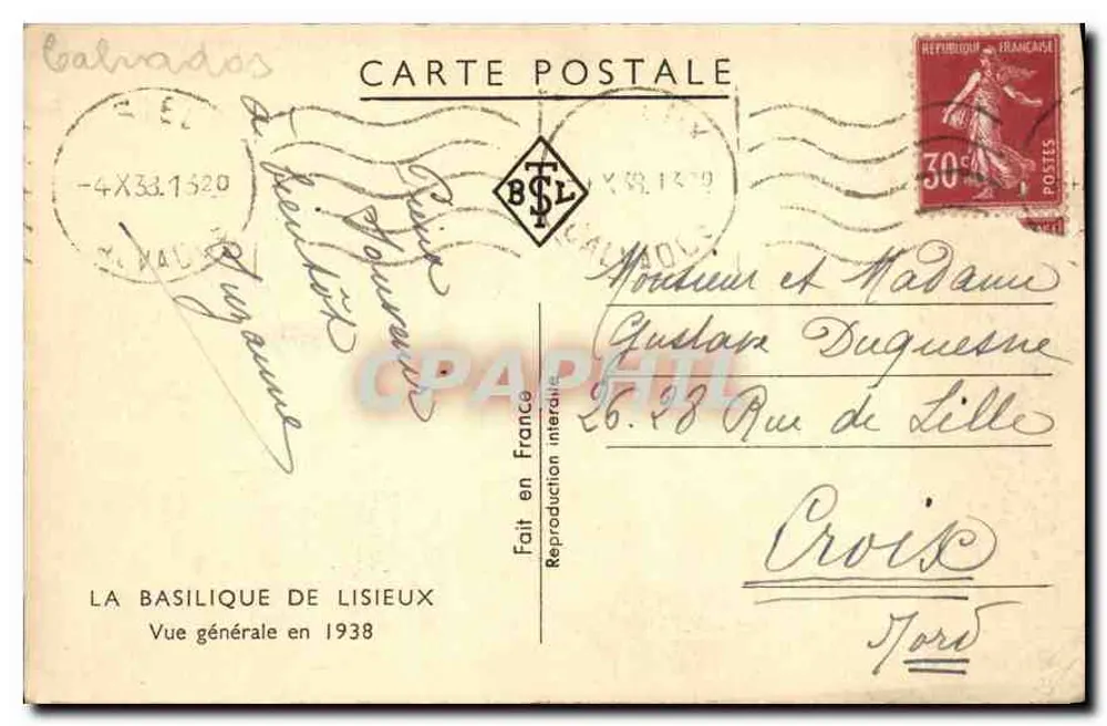 Die Basilika von Lisieux — Allgemeine Ansicht aus dem Jahr 1938 — Edition BSL - Rückseite