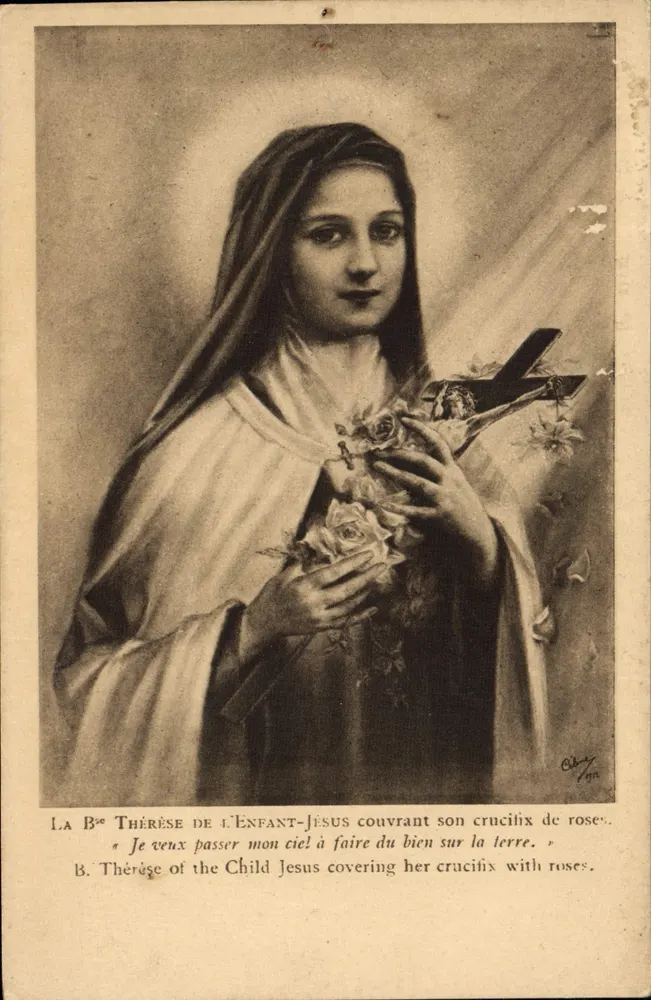 Saint Thérèse des Kindes Jesu — ihr Kreuz mit Rosen bedeckt — anonymer Verleger, Seriennummer nicht sichtbar - Vorderseite