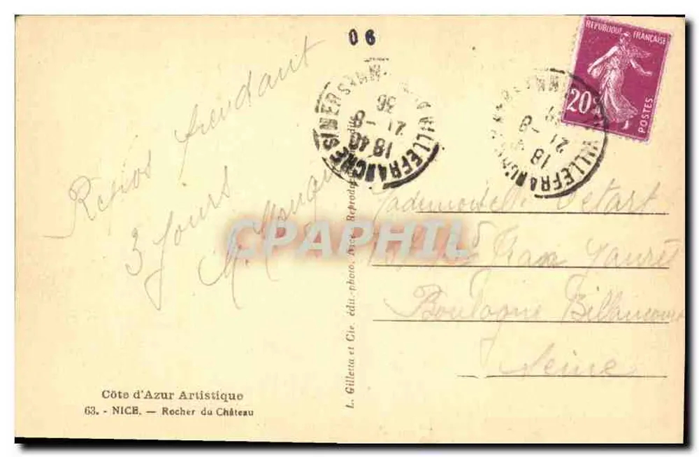 Rocher du Château — Nizza — L. Gillena et Cie, Verlag - Rückseite