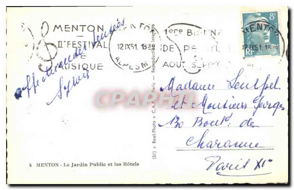 Menton - Der Öffentliche Garten und die Hotels — C.A.P. Paris Nr. (51) - Rückseite