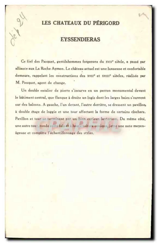 Castelo de Eyssendieras — Os Castelos do Périgord — Coleção da Solution Paumurger — 10ª Série - Verso