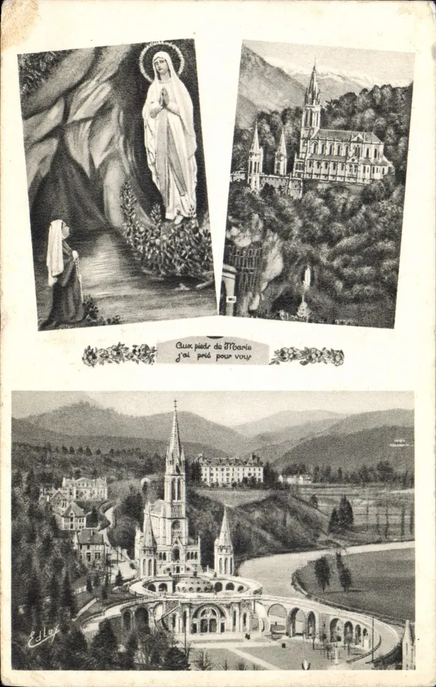 Lourdes — Verschijning van de Heilige Maagd Maria en Basiliek — Uitgever Edlux, n°109 - Voorkant