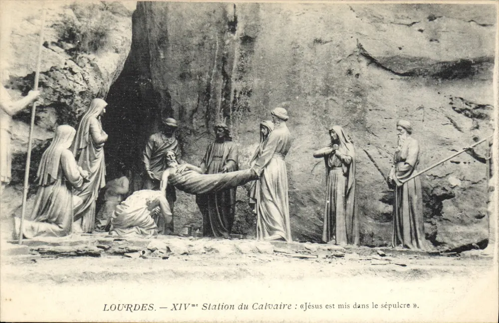 Lourdes — vierzehnte Station des Kreuzwegs: « Jesus wird in das Grab gelegt » — Edition F. Viron - Vorderseite