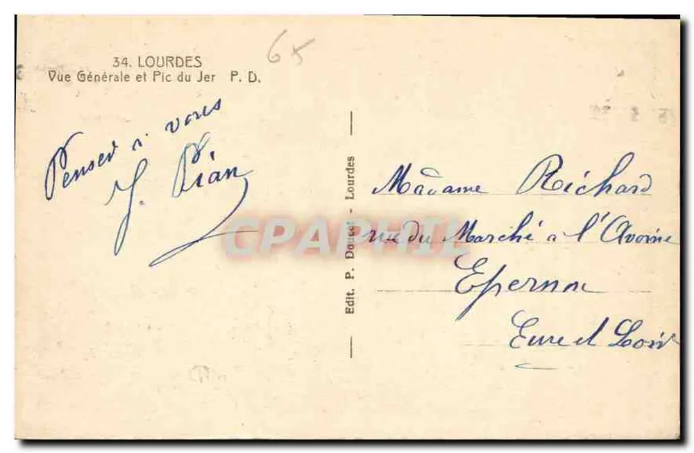 Lourdes — Vista Geral e Pic du Jer — Editor P. Doucet, n°34 - Verso