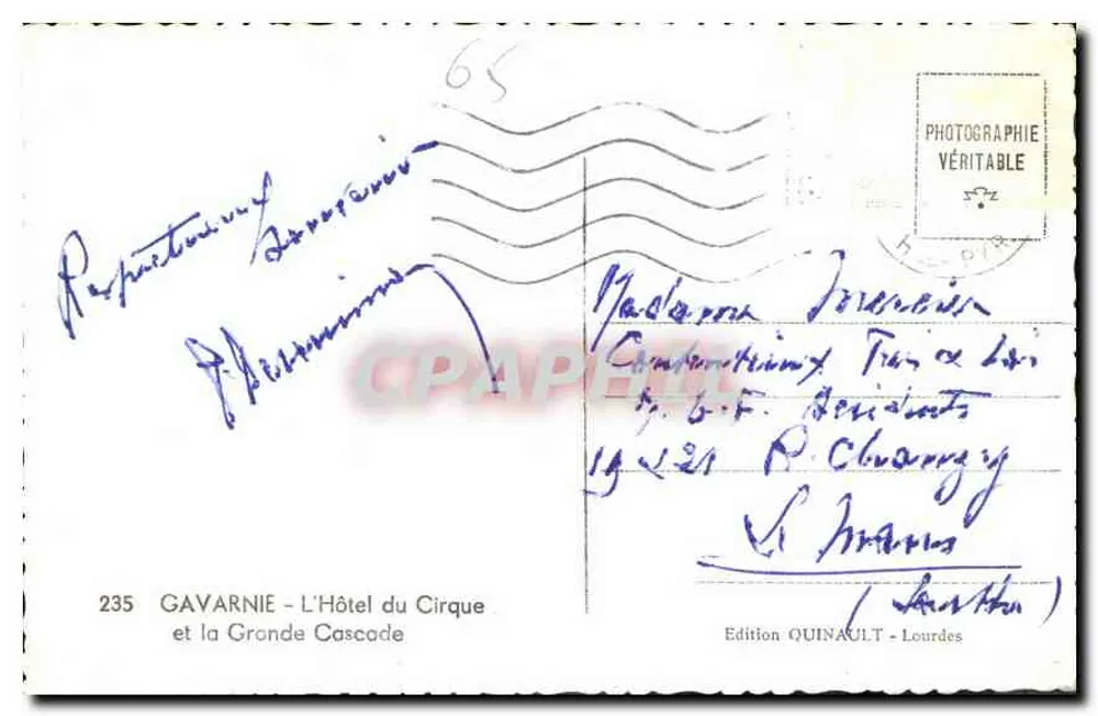 Gavarnie - Das Hotel du Cirque und der Grande Cascade — Edition Quinault, Lourdes, Nr. 235 - Rückseite