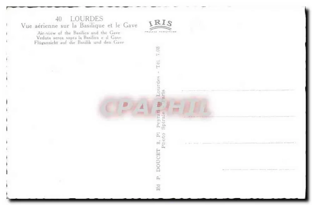 Lourdes — Luftbild der Basilika und des Gave — Ed. P. Doucet, Lourdes - Rückseite