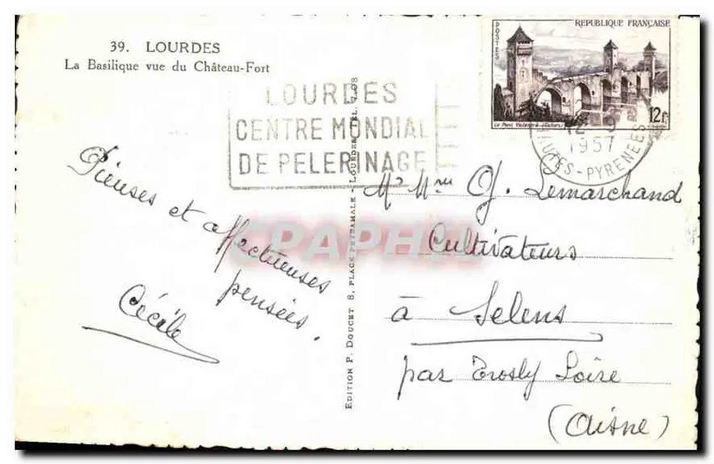 Lourdes — Blick auf die Basilika vom Schloss-Fort — Edition P. Doucet - Rückseite