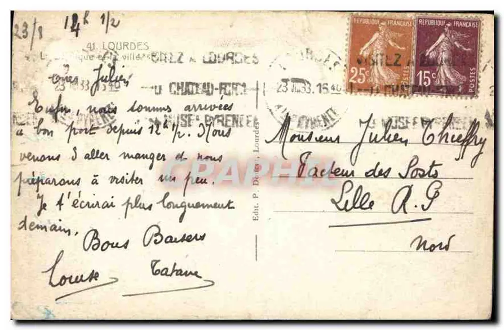 Lourdes — Panoramablick mit Basilika — Édit. P. Dager, Lourdes, Nr. 6 - Rückseite