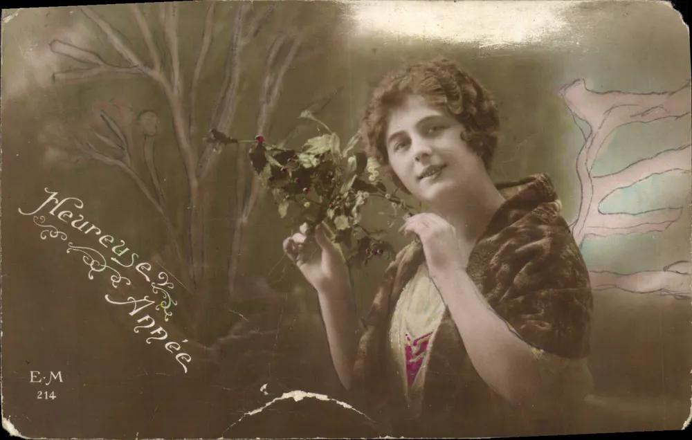 Jovem mulher segurando um arbusto de visco — E.M. 214 - Frente
