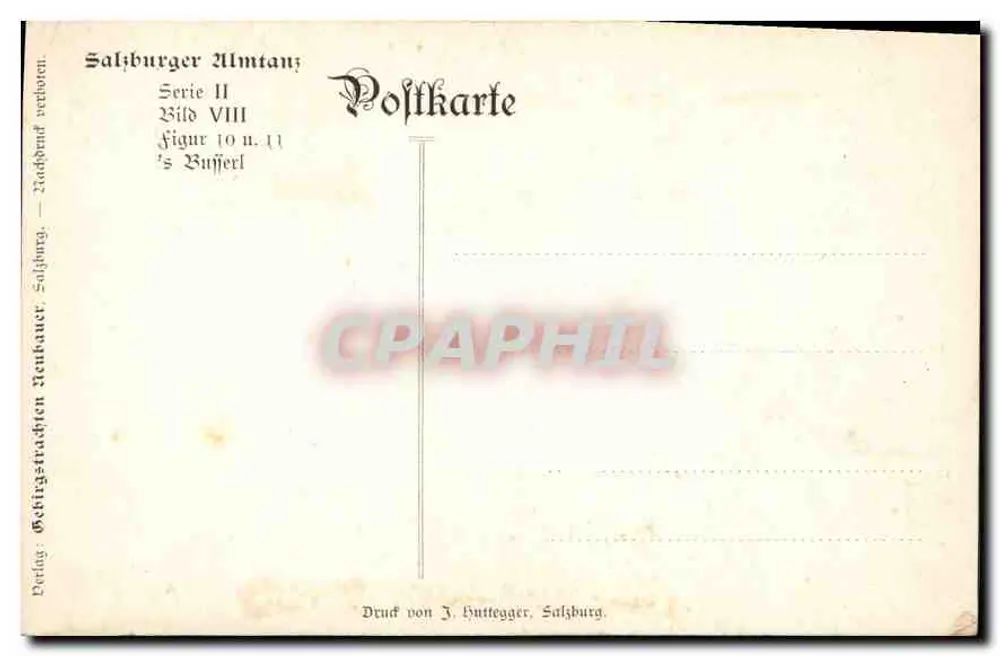 Casal em traje tradicional austríaco — Série II, Figura VIII, 's Bufferl — Druck von J. Huttegger, Salzbourg - Verso