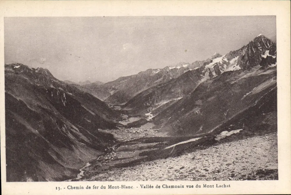 Tal von Chamonix vom Mont Lachat aus gesehen — Mont-Blanc-Bahn — n°13 — L. Fauraz, Verlag, 3 Avenue (Bie-Savoue) - Vorderseite