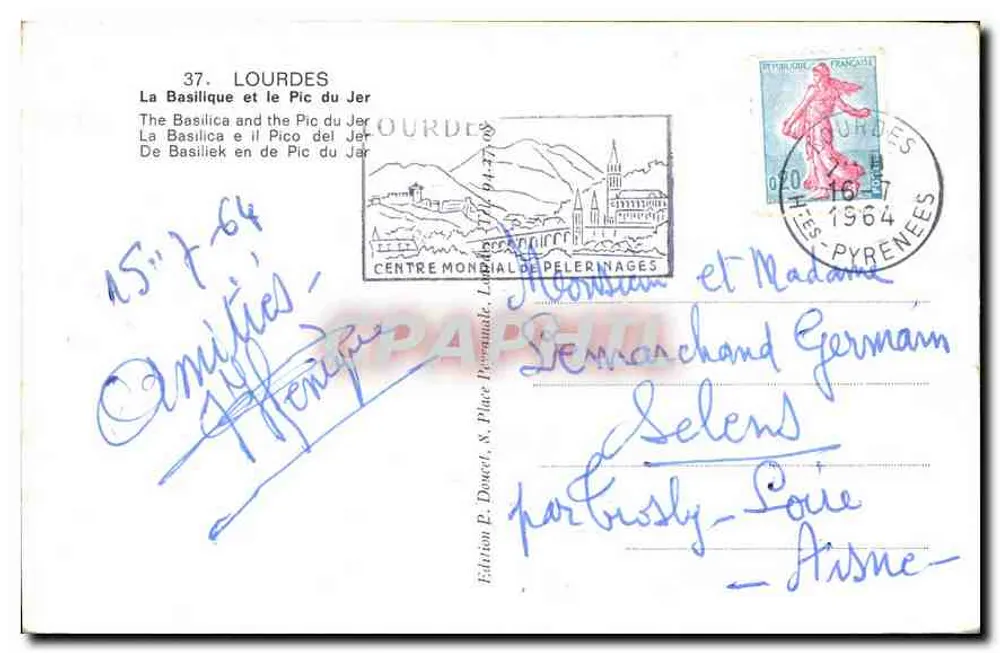 Lourdes — La Basilique e il Pic du Jer — Edizione E. Douet, Lourdes - Verso