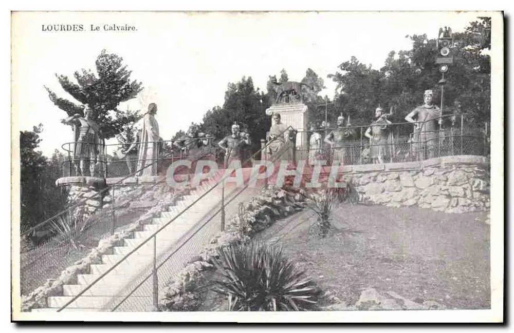 Lourdes. O Calvário — visão do santuário com escadas e estátuas — editor não identificado - Frente
