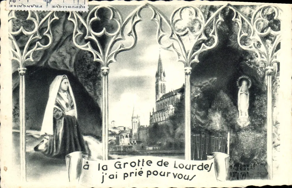 Gruta de Lourdes — cena religiosa com estátua da Virgem — Edições Mille-Pèlerins - Frente