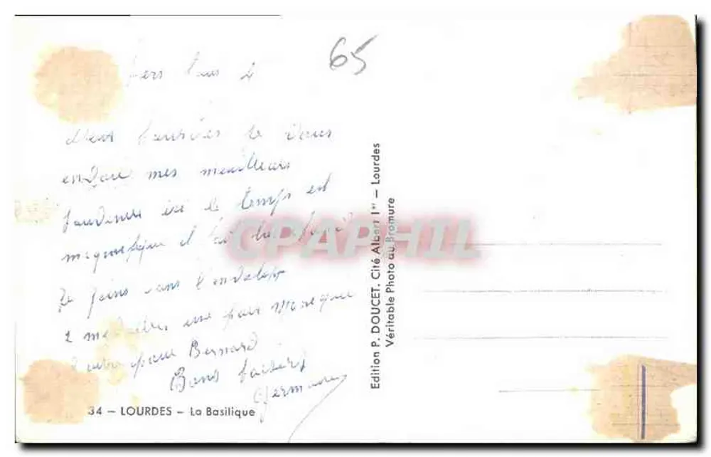 Lourdes — A Basílica — Edição P. DOUCET, Cité Albert 1er, Lourdes - Verso