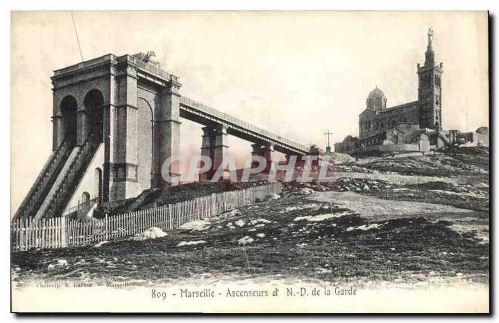 Marselha - Elevadores da N.-D. da Guarda — Editor B. Labour, n° 809 - Frente