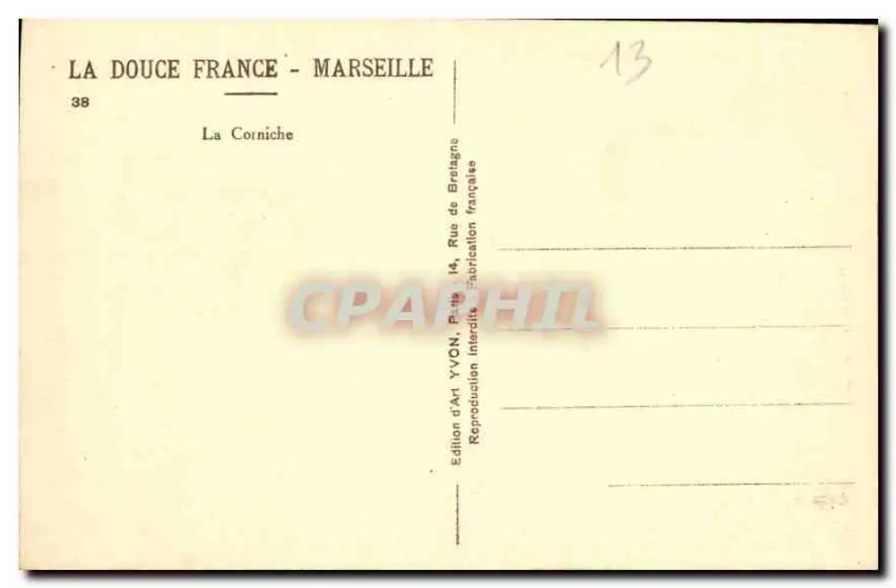 Marselha - A Corniche — Visão panorâmica — Edição d'Art YVON, Paris - Verso