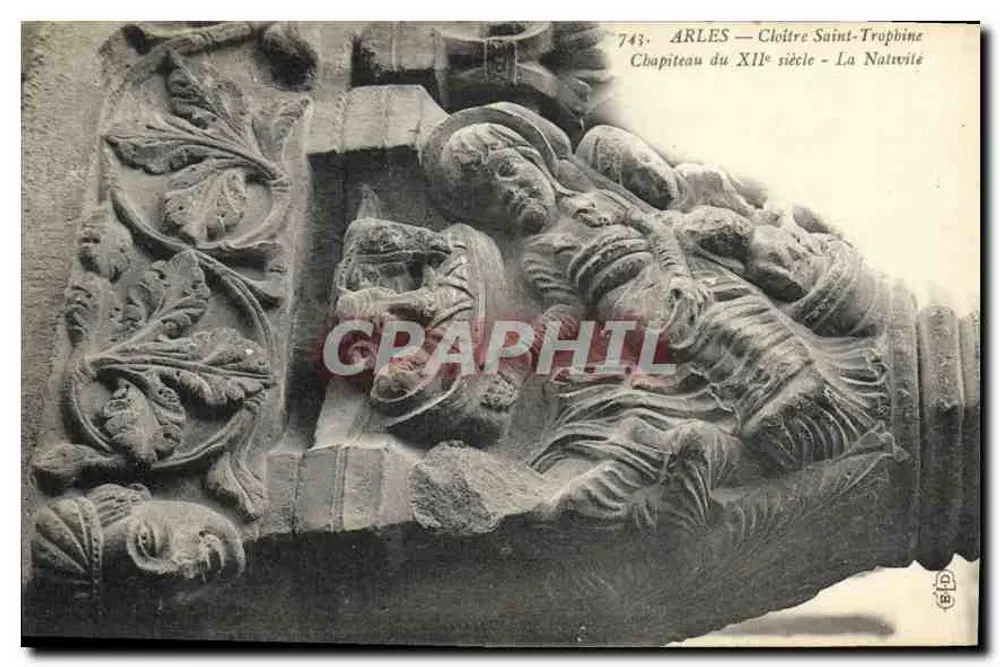 Arles — Cloître Saint-Trophime — Kapitell des 12. Jahrhunderts — Die Geburt Christi - Vorderseite