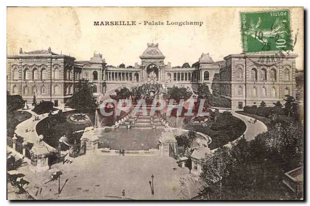 Marselha - Palácio Longchamp — vista do jardim e da fonte — editor não visível - Frente