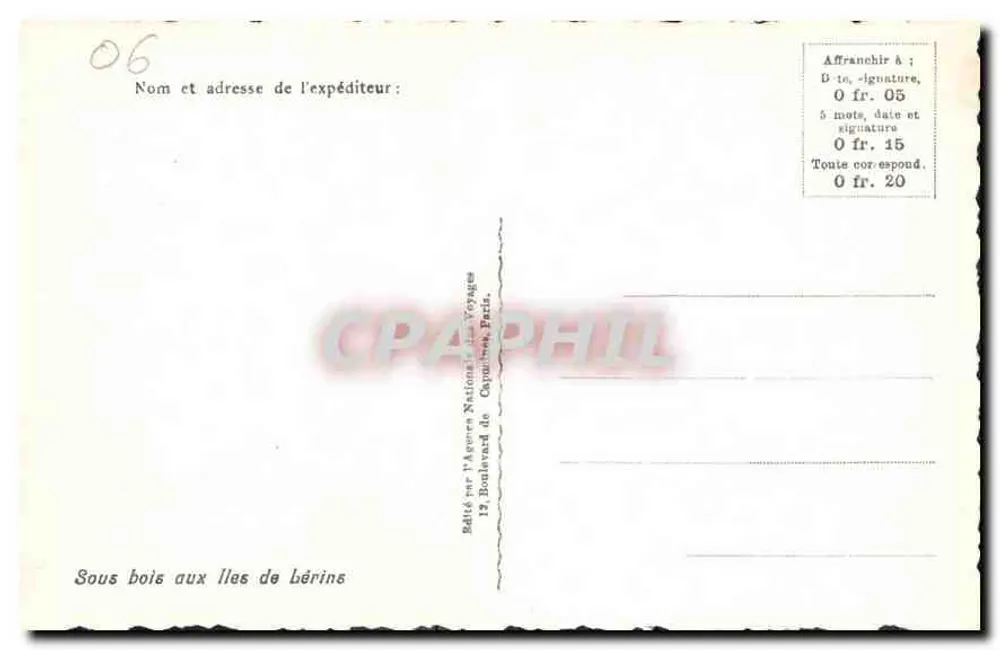 Sous bois aux îles de Bérines — Editado pela Agréen National des Voyages, 13 Boulevard de Capucines, Paris - Verso