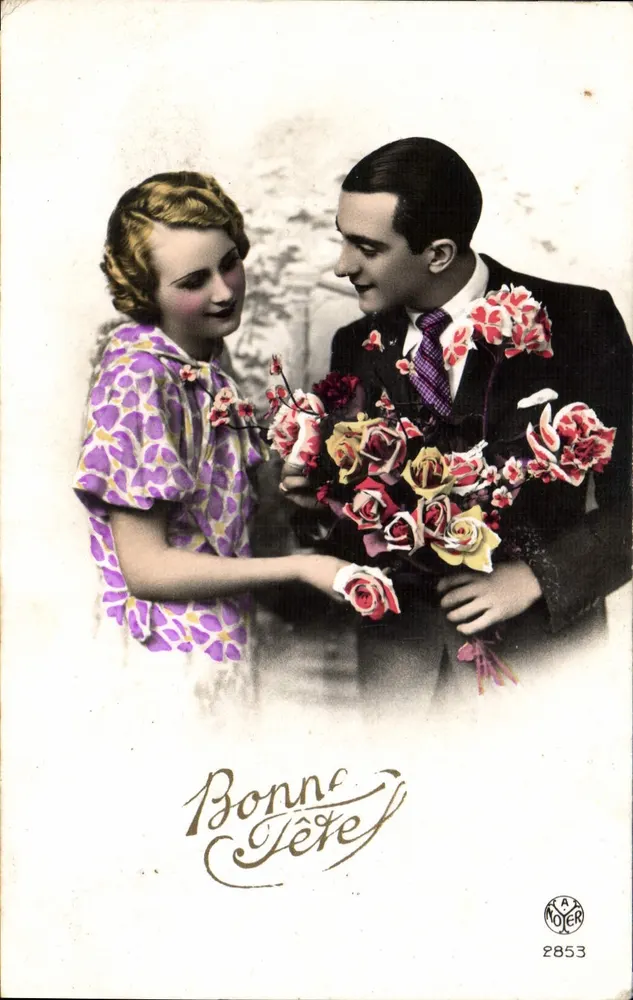 Junges Paar — Mann, der eine Rosenstrauß überreicht — Verlag RAY MOYER, Nr. 2853 - Vorderseite