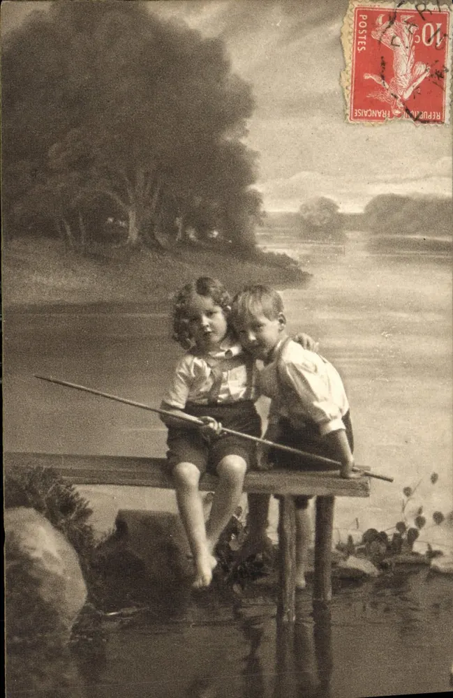 Dois crianças pescando — cena de rio — Rembrandt-Gravure No 5056 - Frente