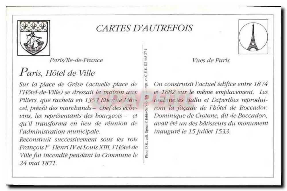 Paris — Hotel de Ville — Cartes d'autrefois, Vues de Paris, n° 465 271 - Verso