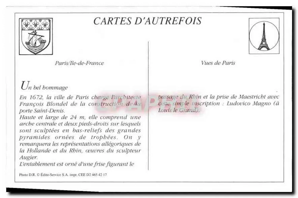 PARYŻ – Port Saint-Denis – widok historyczny – Édito-Service S.A. n° CEE D2 465 42 17 - Rewers