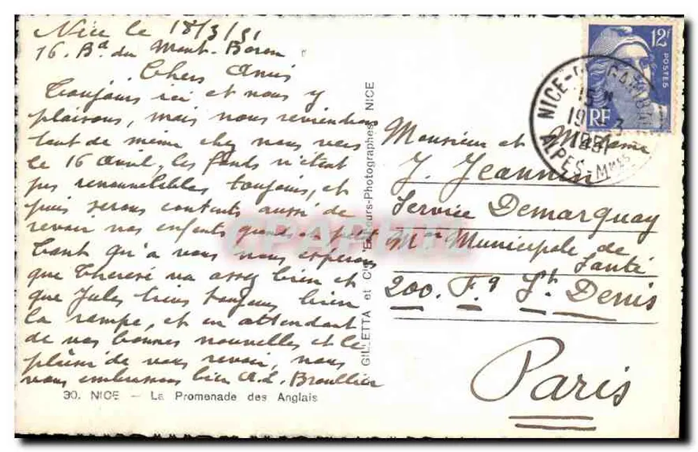 Nice — De Promenade des Anglais — Uitgever GILLETTA en Cie - Achterkant