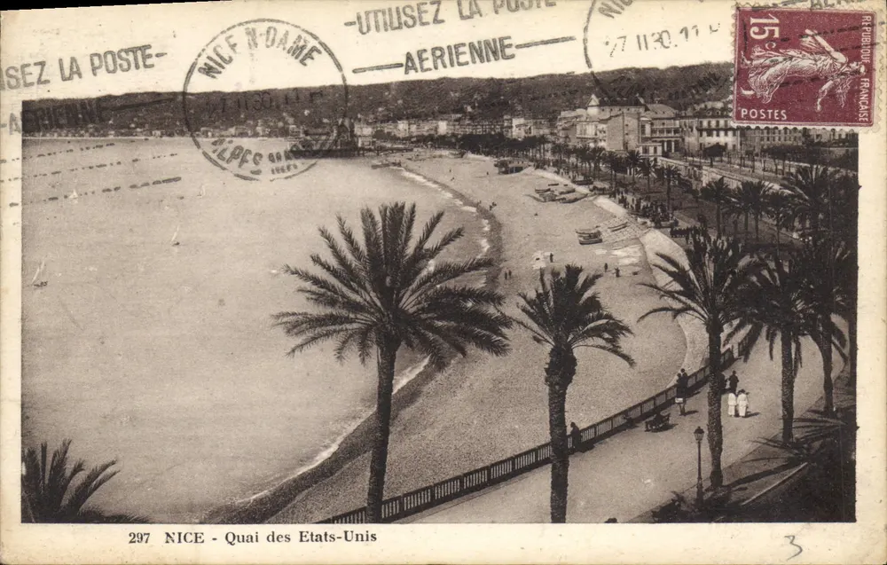 NICE - Quai des Etats-Unis — uitzicht op strand en palmboom — uitgever onbekend, n° 297 - Voorkant