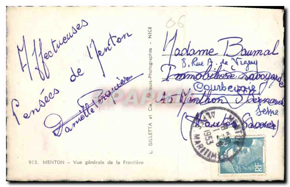 Menton — Vista geral da Fronteira — L. Gilletta e Cia, n° 913 - Verso