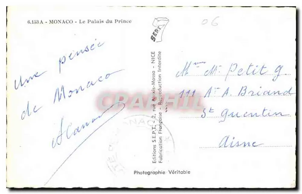 Mônaco - O Palácio do Príncipe — Edições S.E.P.T. — n° 6.153A - Verso