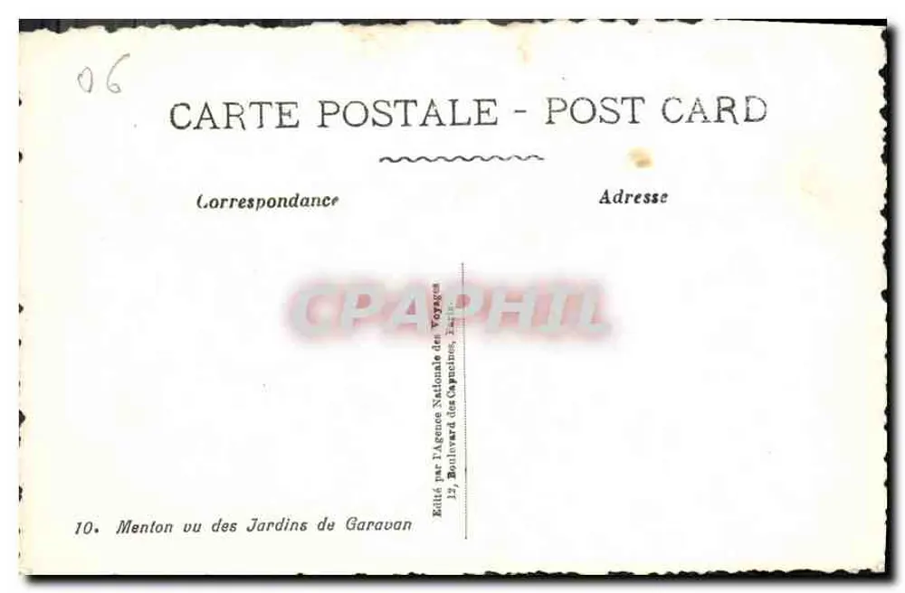 Menton vista dos Jardins de Garavan — Editado pela Agência Nacional dos Capucinos, n°10 - Verso