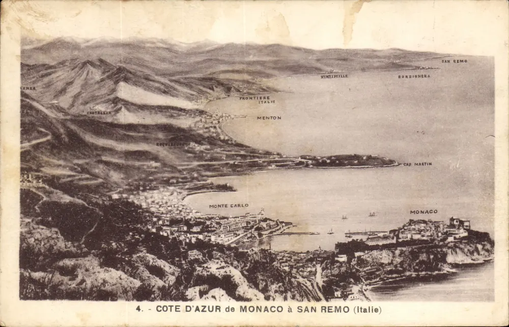 Côte d'Azur von Monaco bis San Remo (Italien) — Panoramablick — unbekannter Verlag, Nr. 4 - Vorderseite