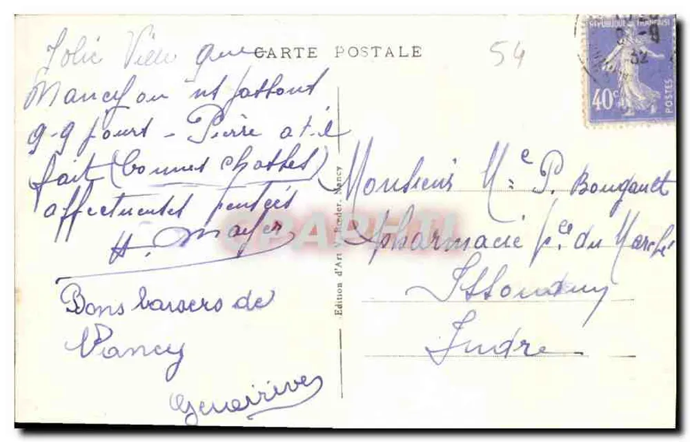 NANCY — La Place Stanislas — Édition d'Art Wunderer, n° 411 - Verso