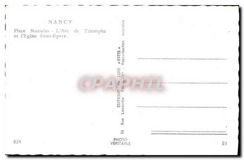 Nancy - Place Stanislas, o Arco do Triunfo e a Igreja Saint-Epvre — Editor Estel, n° 824 - Verso