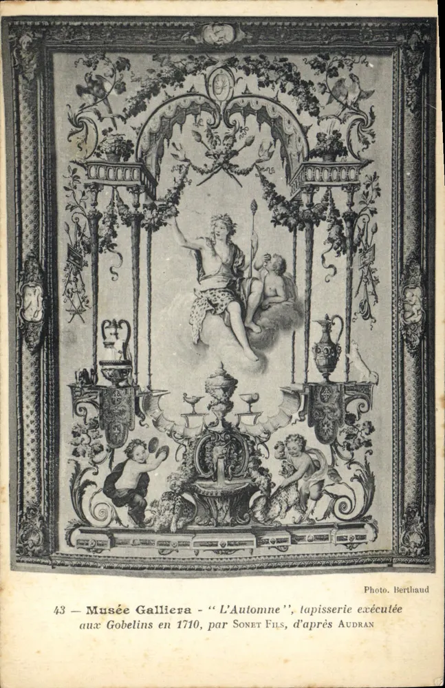म्यूजियम गैलियेरा — 'ल'ऑटोम्न', 1710 में गोबेलिन में बनाई गई टेपिसरी, सोनेट फिल्स द्वारा, ऑड्रान के अनुसार — फोटो। बर्थो - आगे