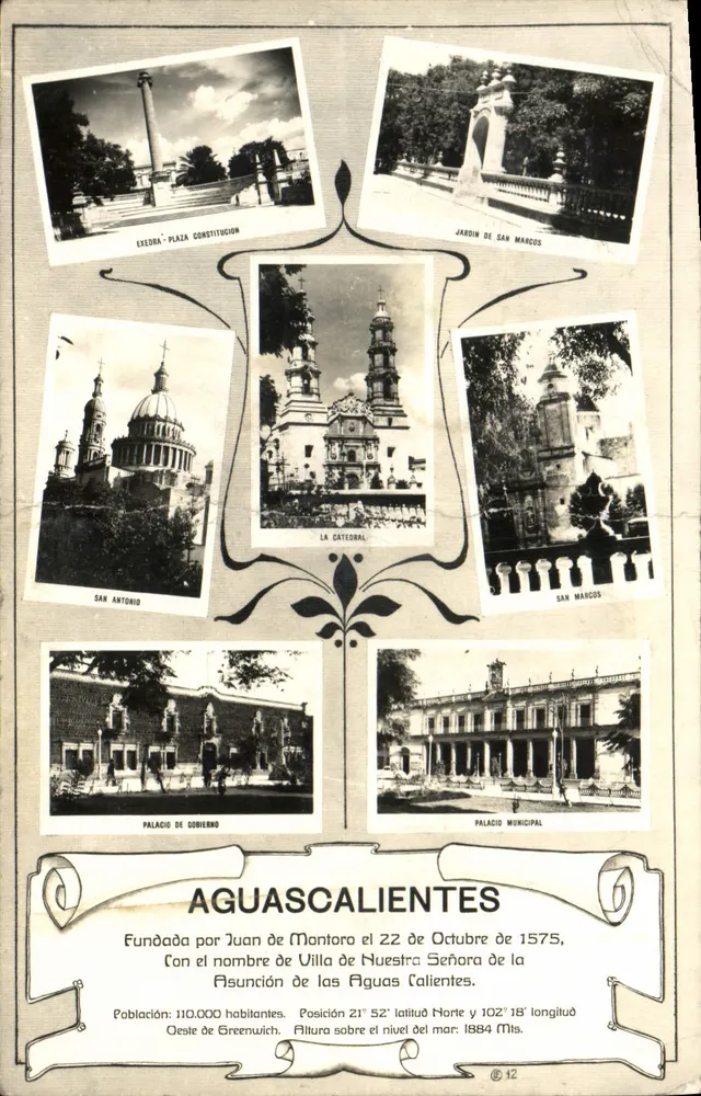 Aguascalientes — vista panorâmica dos principais monumentos — editor desconhecido, n° 612 - Frente