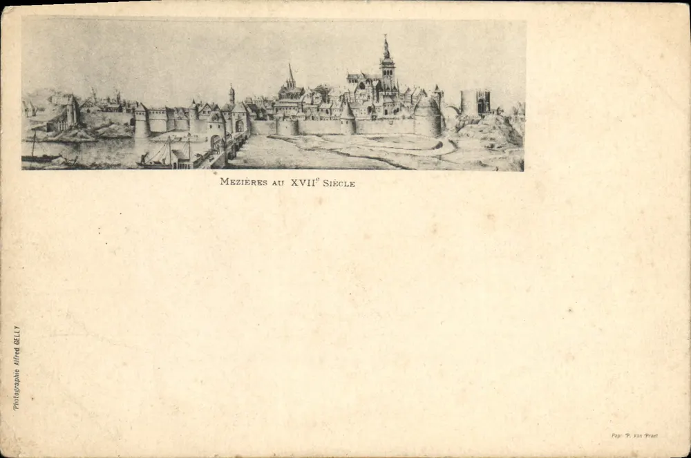 Mézières in de 17e eeuw — panoramische uitzicht — Foto van Alfred Gelly, Pap. P. Van Praet - Voorkant