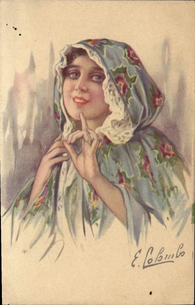Jovem mulher com véu decorado — E. Colobimbo — Produção italiana - Frente